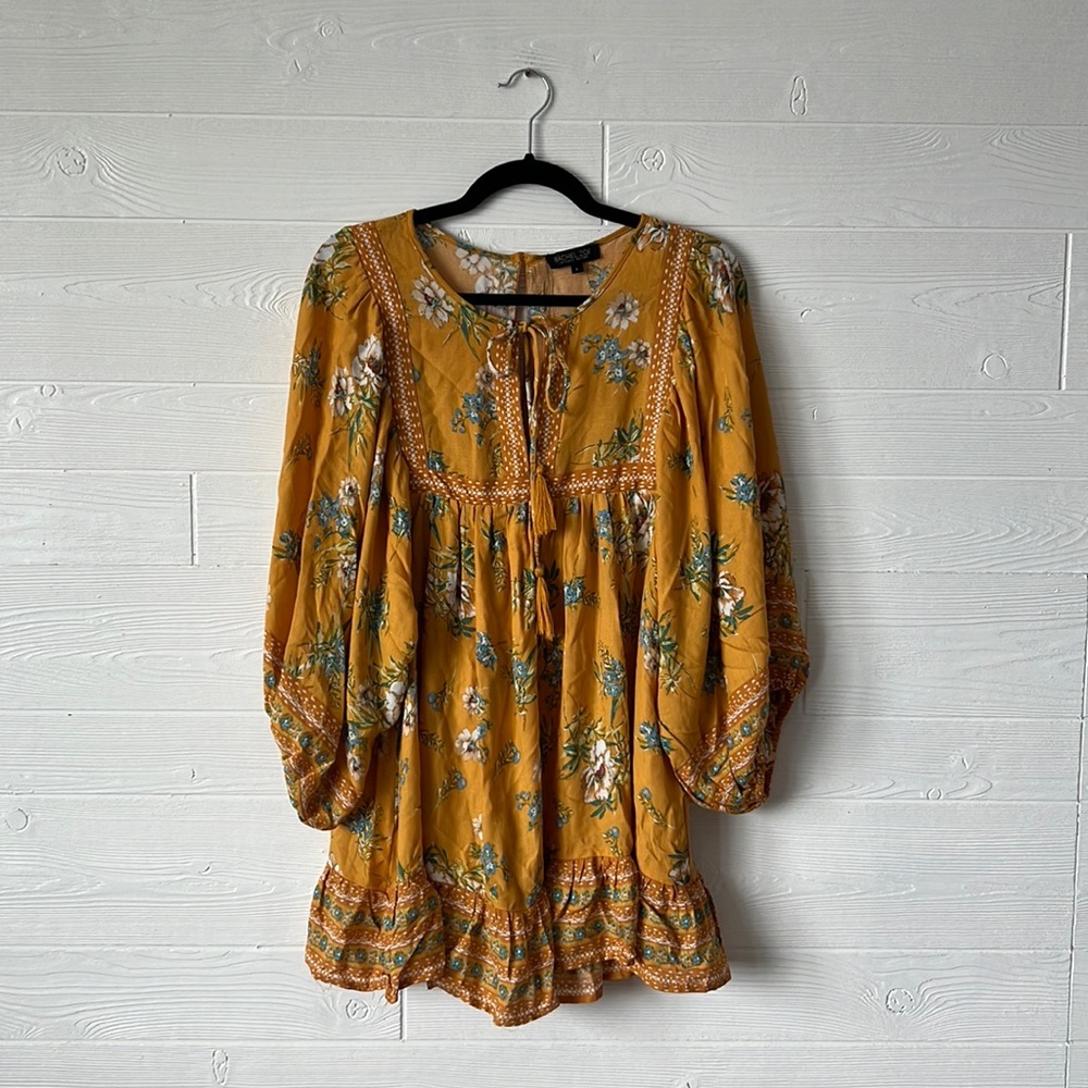 Rachel Zoe yellow floral bubble sleeve tunic blouse size large